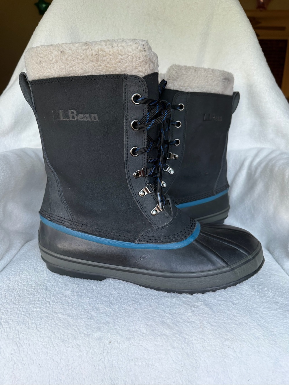 L.L.Bean Men's Lined Lace-Up Duck Boots Black/Blue Mid-Calf Round Toe 12M